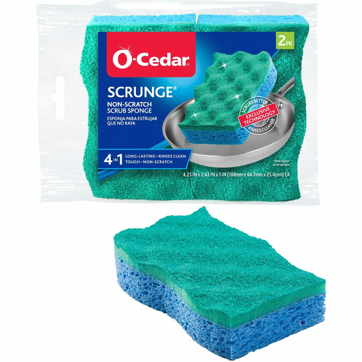 Image of O-Cedar 169431 Scrunge Non-Scratch Scrub Sponge, 4.2" W x 2.6" D x 4.2" Length, 2 / Pack, Cellulose, Synthetic Fiber, Multi, Blue, Green