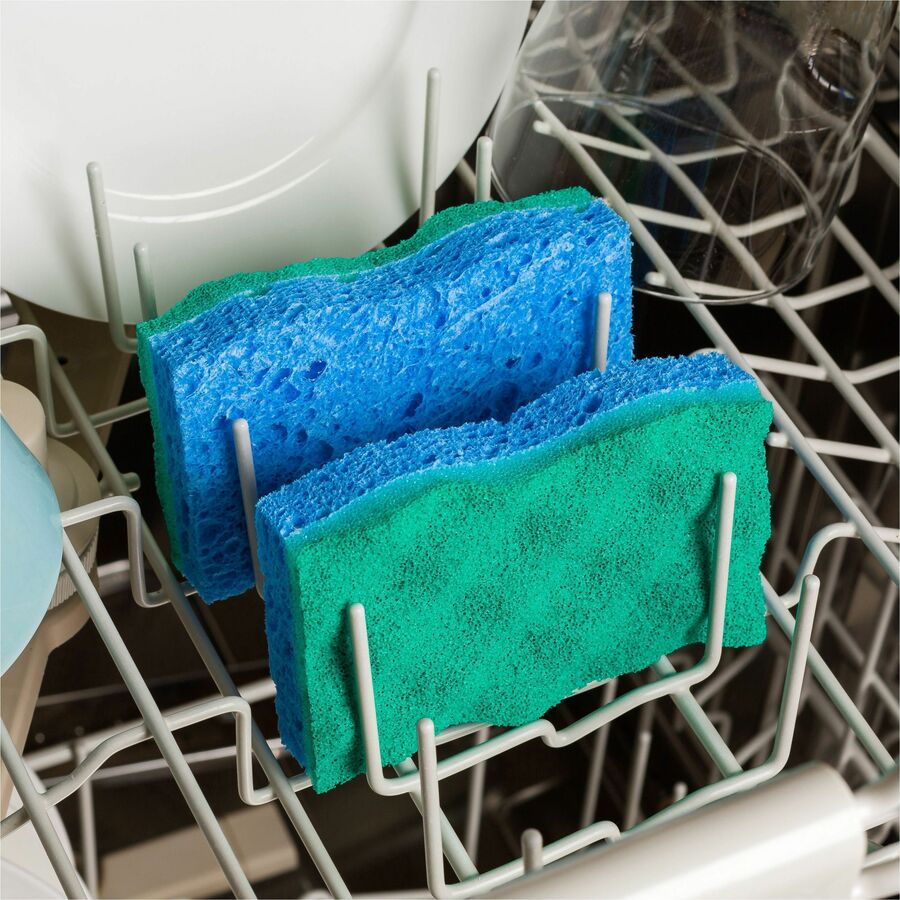 Image of O-Cedar 169431 Scrunge Non-Scratch Scrub Sponge, 4.2" W x 2.6" D x 4.2" Length, 2 / Pack, Cellulose, Synthetic Fiber, Multi, Blue, Green