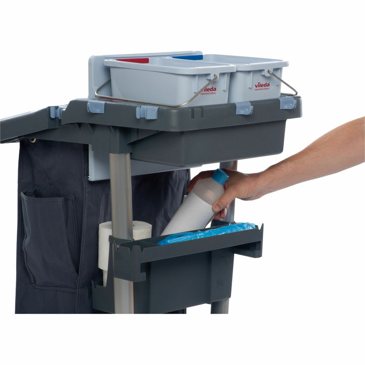 Image of Vileda Professional Cleaning Cart,w/Buckets/Shelf,36-1/5"x20-3/10"x44-3/10",GY