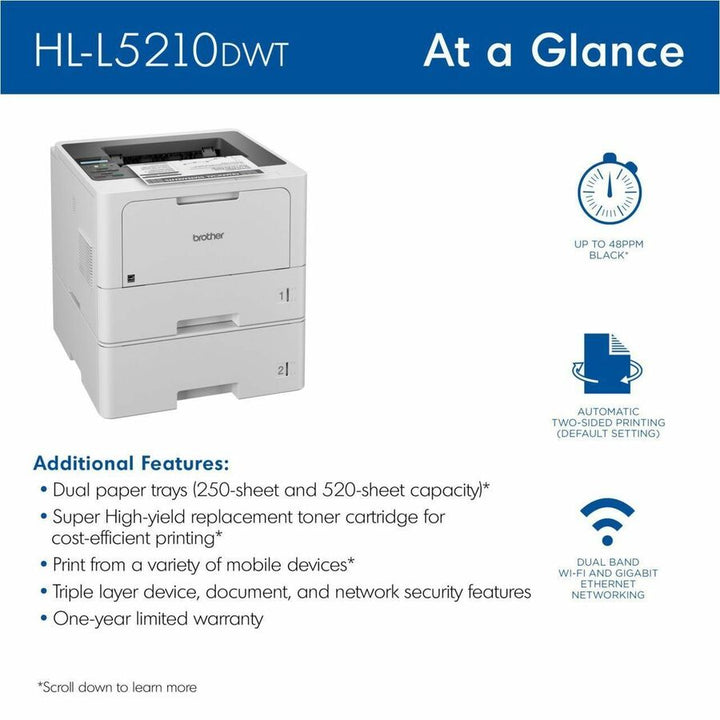 Image of Brother HL-L5210DWT Business Monochrome Laser Printer