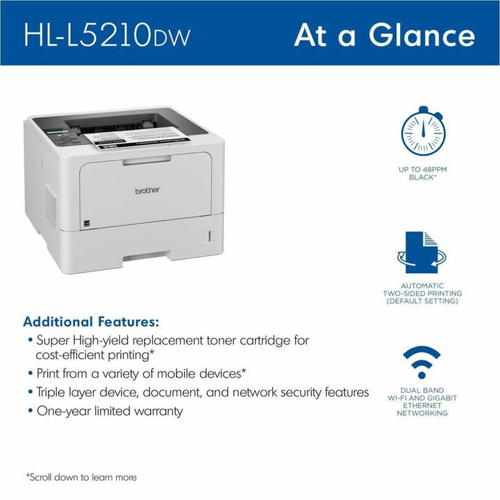 Image of Brother HL-L5210DW Business Monochrome Laser Printer with Duplex Printing and Wireless Networking