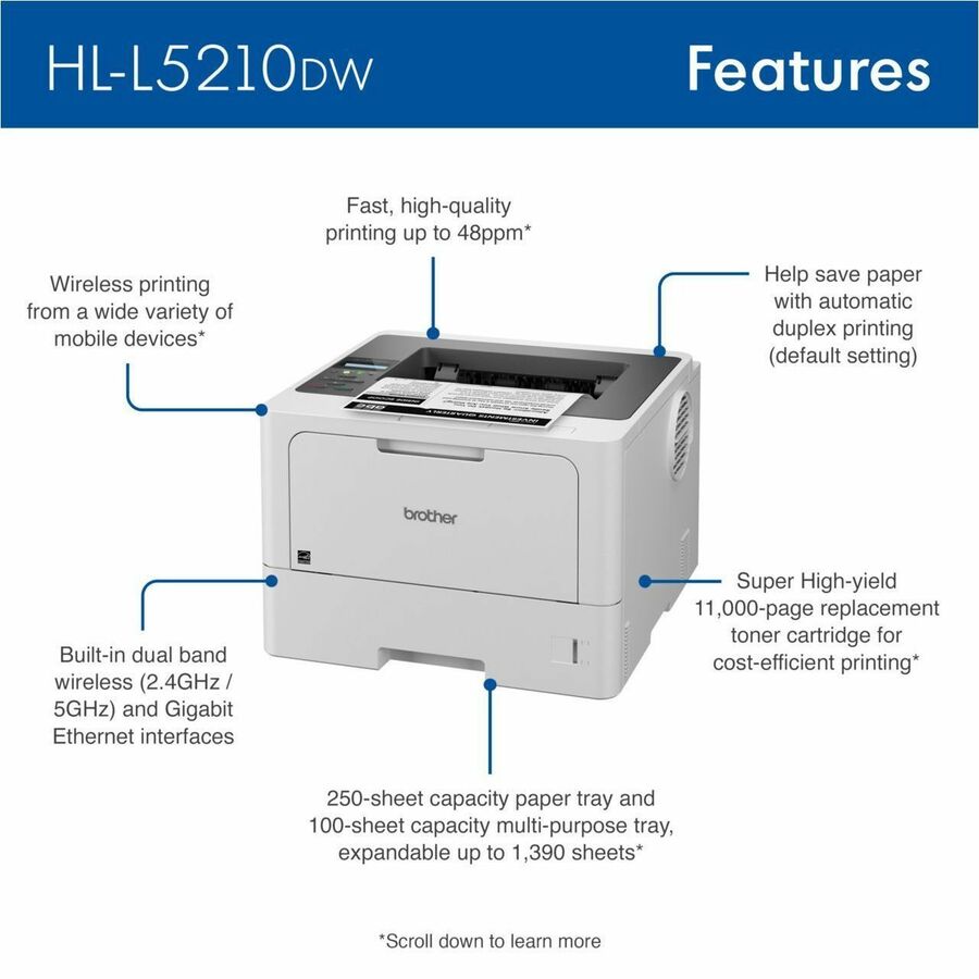 Image of Brother HL-L5210DW Business Monochrome Laser Printer with Duplex Printing and Wireless Networking