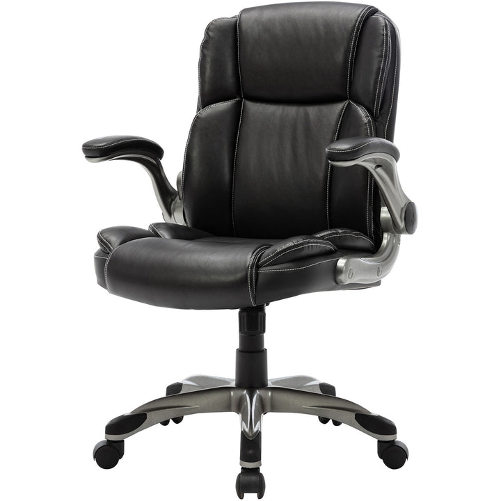 Image of NuSparc CH101LABK Leather Rolling Chair, Mid Back, 5-star Base, Black, Bonded Leather, Armrest, 1 Each
