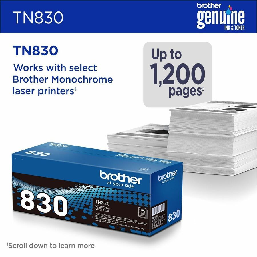 Image of Brother TN830 Standard Yield Black Toner Cartridge, 1200 Pages, 1 Each