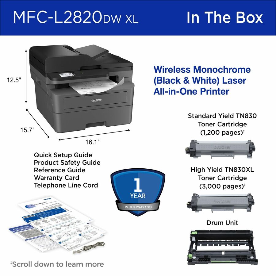 Image of Brother MFC-L2820DWXL Laser Multifunction Printer