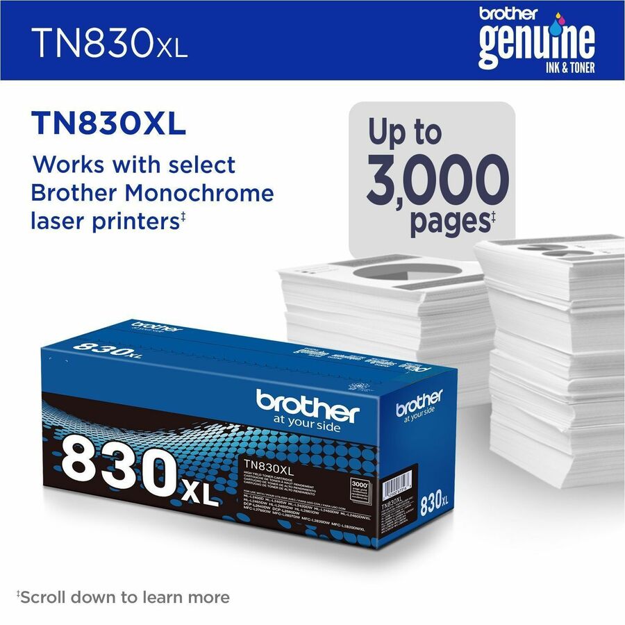 Image of Brother TN830XL High Yield Black Toner Cartridge, 3000 Pages, 1 Each
