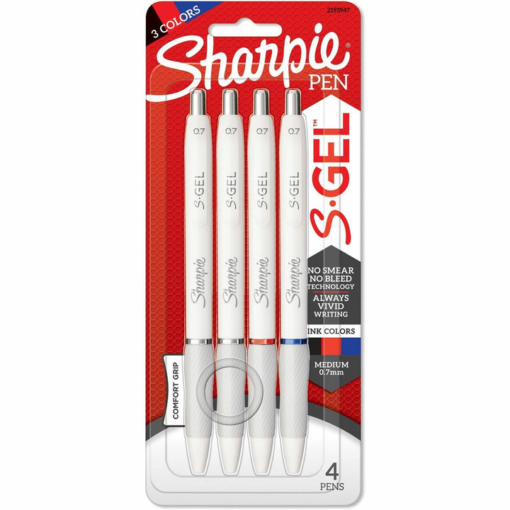 Image of Sharpie® S-Gel S-Gel Fashion Barrel Gel Pen, Retractable, Medium 0.7 mm, Assorted Ink Colors, White Barrel, 4/Pack