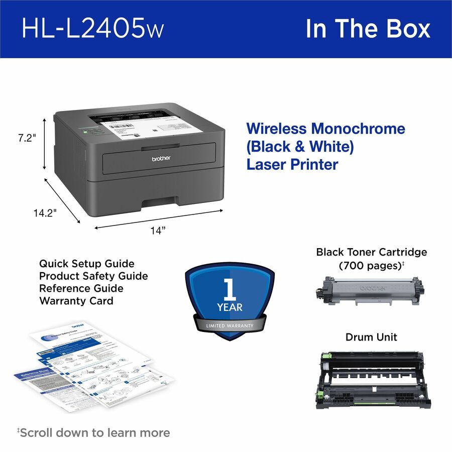 Image of Brother Wireless HL-L2405W Compact Monochrome Laser Printer