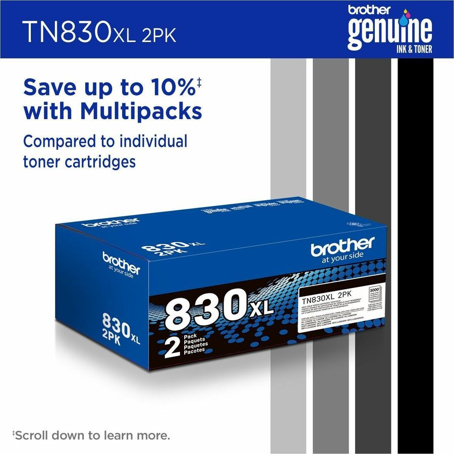 Image of Brother TN830XL2PK TN830XL 2PK High Yield Black Toner Cartridge Twin-Pack, 3000, 2 / Pack