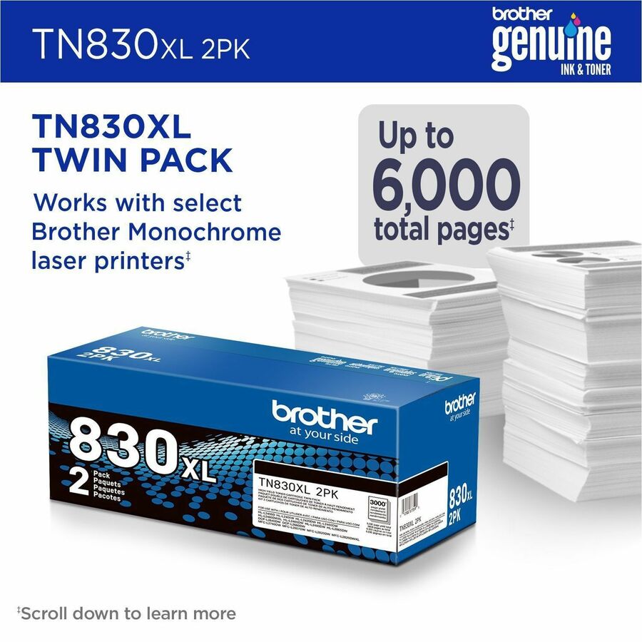 Image of Brother TN830XL2PK TN830XL 2PK High Yield Black Toner Cartridge Twin-Pack, 3000, 2 / Pack