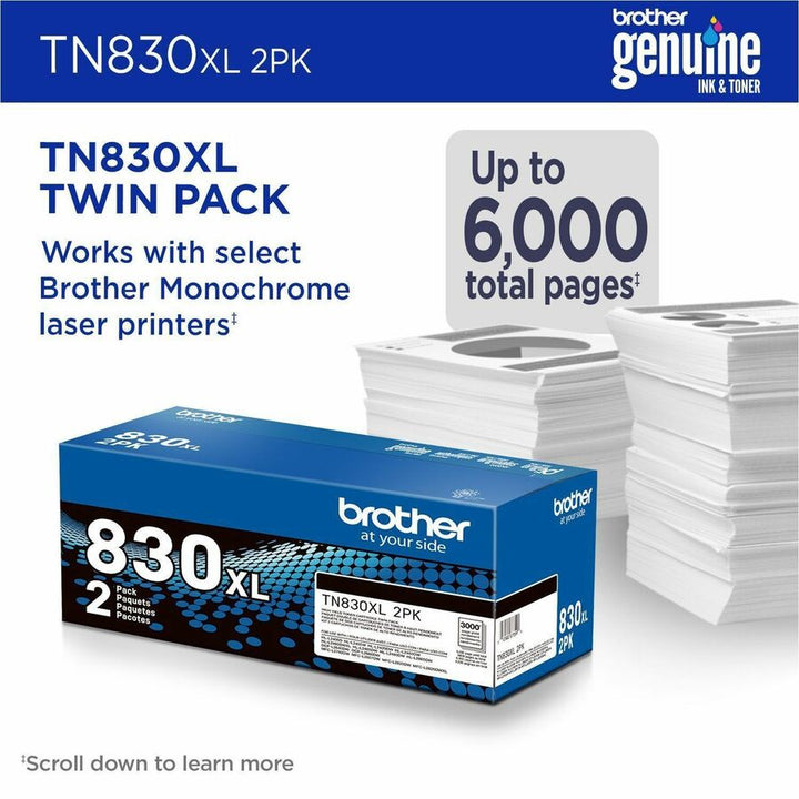 Image of Brother TN830XL2PK TN830XL 2PK High Yield Black Toner Cartridge Twin-Pack, 3000, 2 / Pack