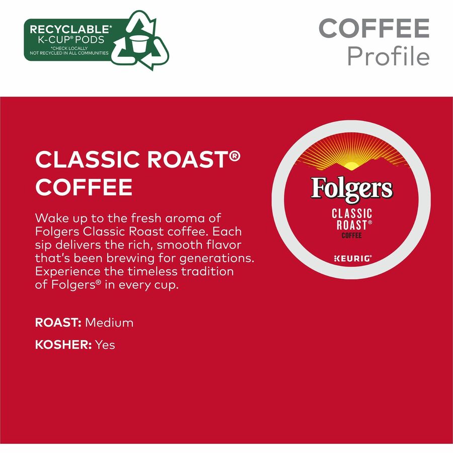 Image of Folger 7456 Classic Roast Coffee, Compatible with Keurig K-Cup Brewer, American, Medium, 24 K-Cup, K-Cup, Classic Roast, Kosher, 24 / Box