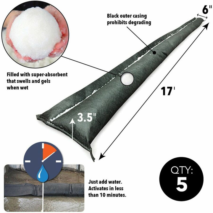 Image of Absorbent Specialty Products Flood Barriers,14 Gallon/108 lb Cap,17'Lx3.5"H,5/CT,Black