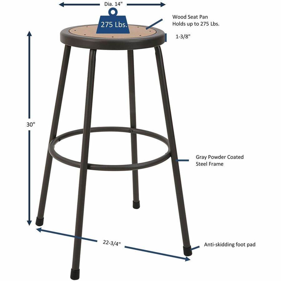 Image of Lorell Stool,No Back,Metal,30"H Wood Seat,Light Gray