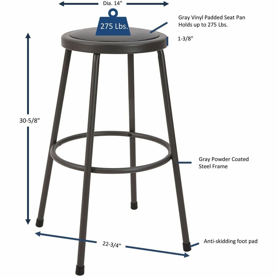 Image of Lorell Stool,No Back,Metal,30"H Padded Vinyl Seat,Light Gray