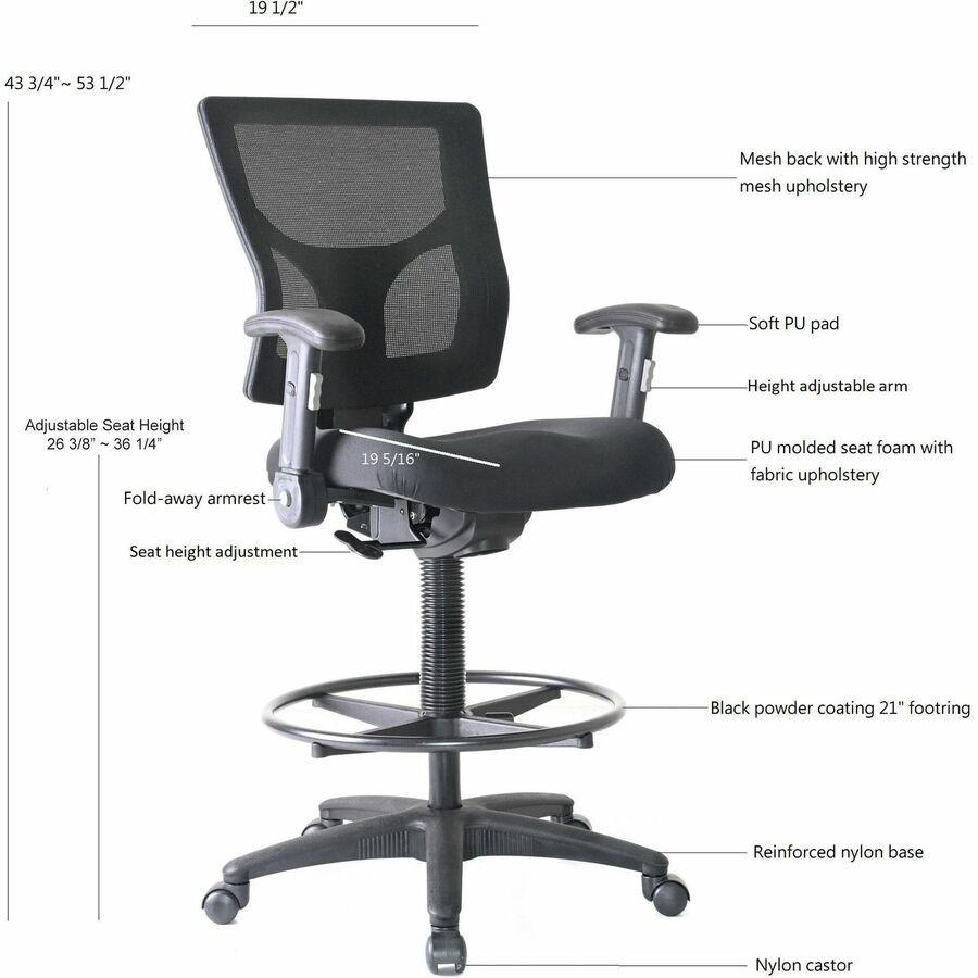 Image of Lorell Stool,Mesh,Foldaway Arms,19-1/2"x19-5/16"x43-3/4"-53-1/2",BK