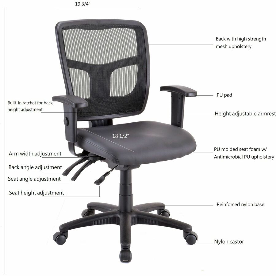 Image of Lorell Mid-Back Chair,Antimicrobial,Mesh,19-3/4"x18-1/2"x40-1/2",BK