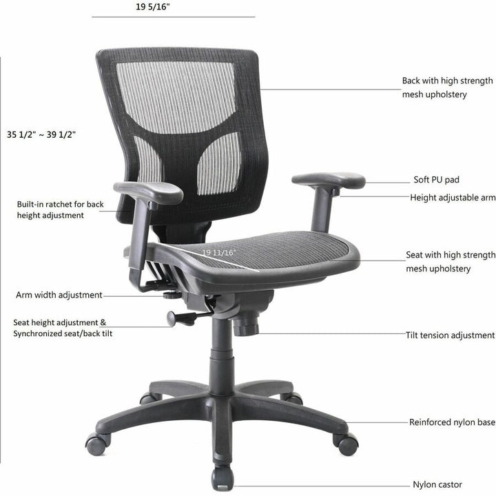 Image of Lorell Chair,Mesh Seat/Back,19-5/16"x19-11/16"x35-1/2"-39-1/2",BK