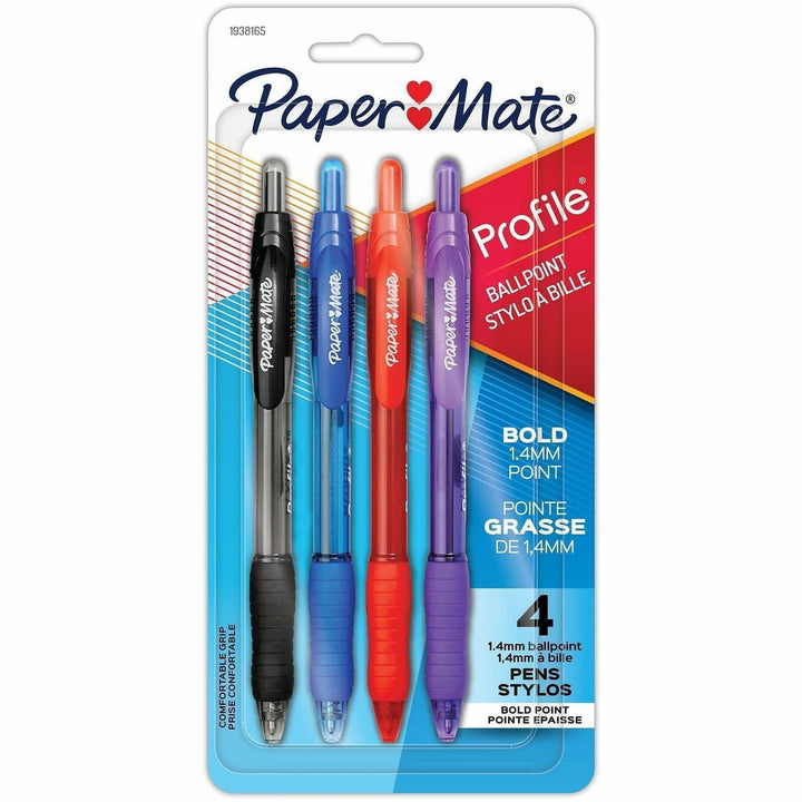 Image of Paper Mate 1938165 Profile Ballpoint Pen, 1.4 mm Super Bold Pen Point, Retractable, Assorted Ink, Black, Blue, Red, Purple Barrel, 4 / Pack