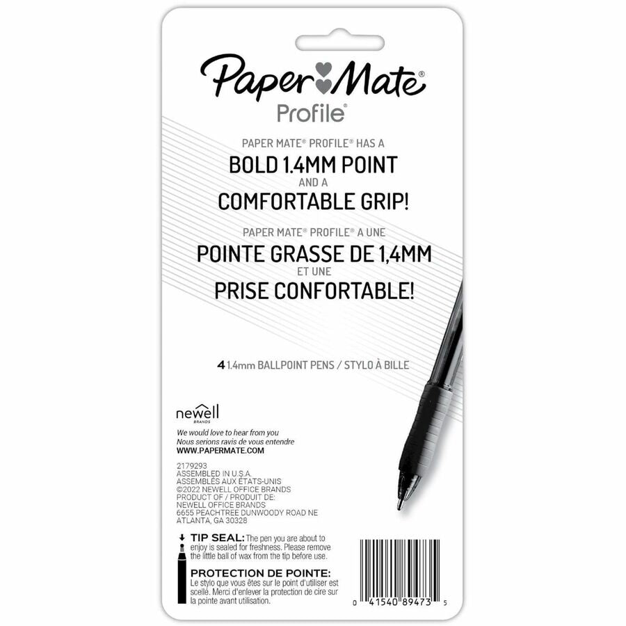 Image of Paper Mate 1938165 Profile Ballpoint Pen, 1.4 mm Super Bold Pen Point, Retractable, Assorted Ink, Black, Blue, Red, Purple Barrel, 4 / Pack