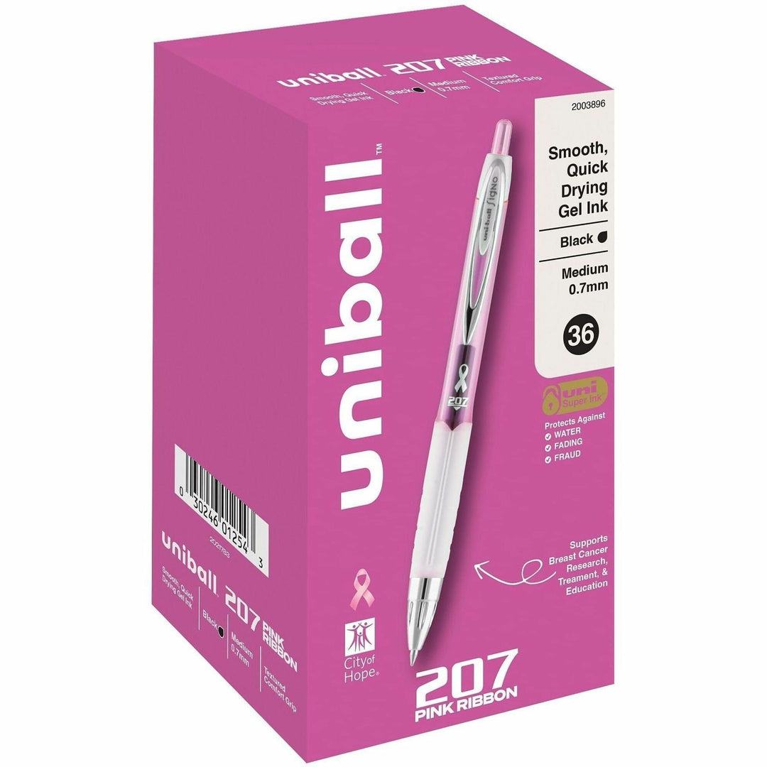 Image of uniball™ 2003896 207 Gel Pens, 0.7 mm Medium Pen Point, Retractable, Black Ink, Pigment-based, Gel-based, Pink Barrel, 36 / Box