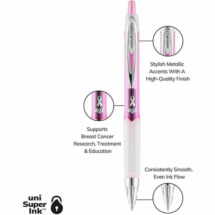 Image of uniball™ 2003896 207 Gel Pens, 0.7 mm Medium Pen Point, Retractable, Black Ink, Pigment-based, Gel-based, Pink Barrel, 36 / Box