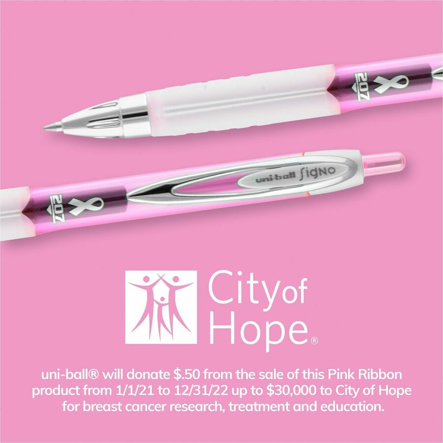 Image of uniball™ 2003896 207 Gel Pens, 0.7 mm Medium Pen Point, Retractable, Black Ink, Pigment-based, Gel-based, Pink Barrel, 36 / Box