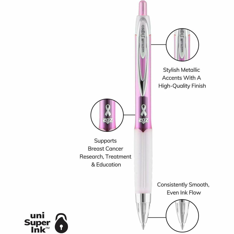 Image of uniball™ 2003896 207 Gel Pens, 0.7 mm Medium Pen Point, Retractable, Black Ink, Pigment-based, Gel-based, Pink Barrel, 36 / Box