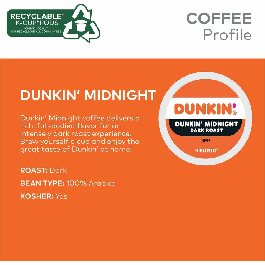 Image of Dunkin'® 0316 Midnight Coffee, Compatible with Keurig Brewer, Dark, K-Cup, Dunkin' Midnight, Kosher, 22 / Box