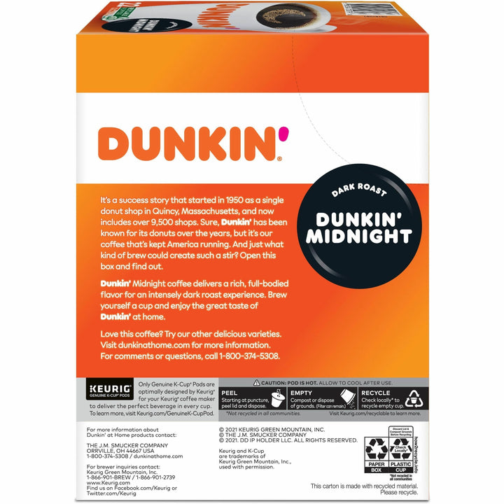 Image of Dunkin'® 0316 Midnight Coffee, Compatible with Keurig Brewer, Dark, K-Cup, Dunkin' Midnight, Kosher, 22 / Box
