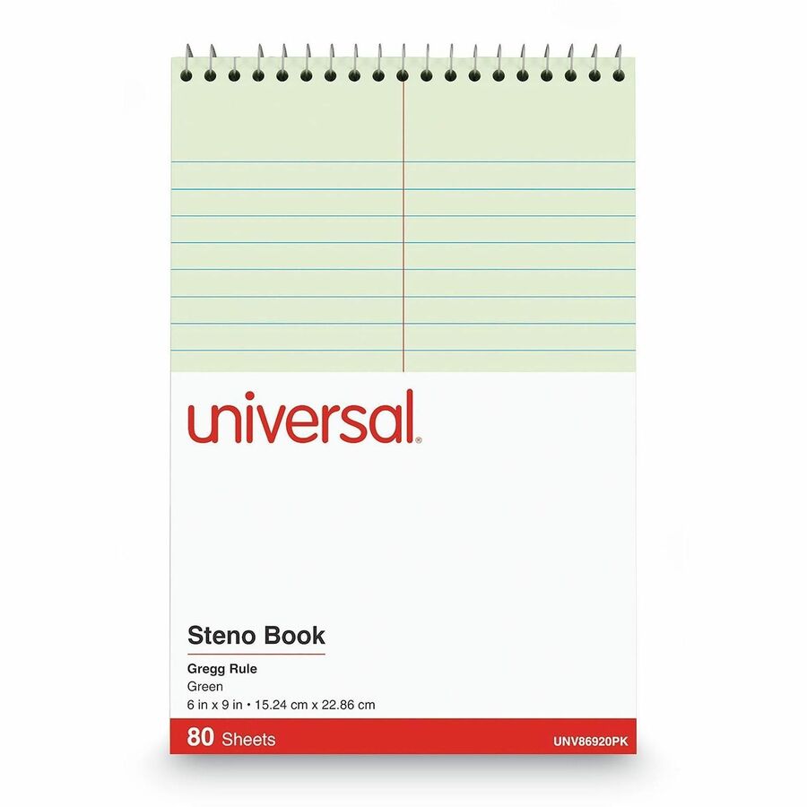 Image of Universal 86920PK Steno Pads, Gregg Rule, Red Cover, 80 Green-Tint 6 x 9 Sheets, 6/Pack