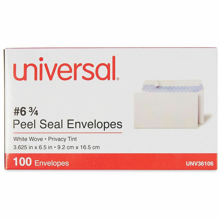 Image of Universal 36106 Envelope, Business, #6 3/4, 24 lb, Self Adhesive, White, Paper Stock, 100 / Box