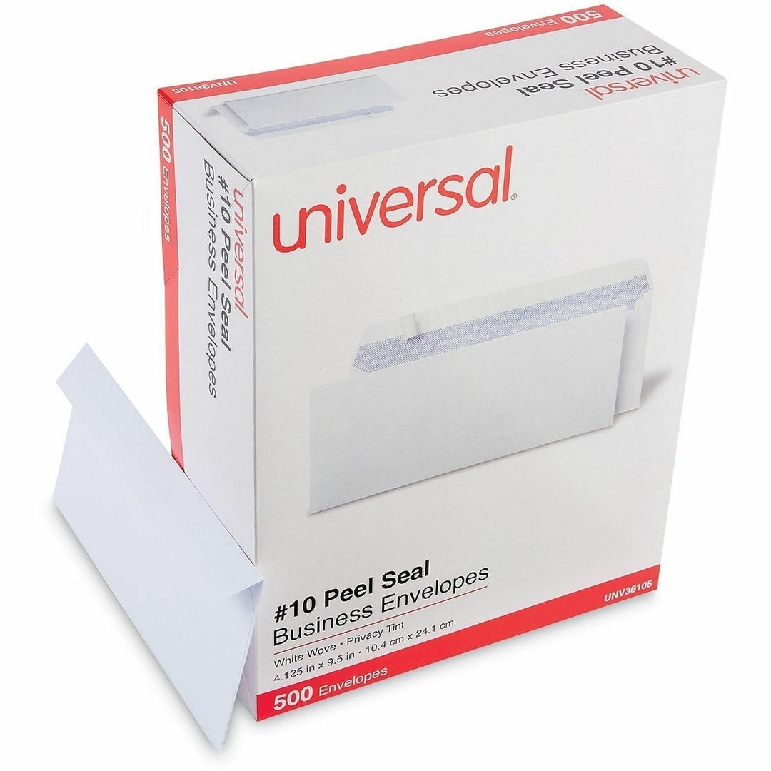 Image of Universal 36105 Envelope, Business, #10, 24 lb, Self Adhesive, White, Paper Stock, 500 / Box