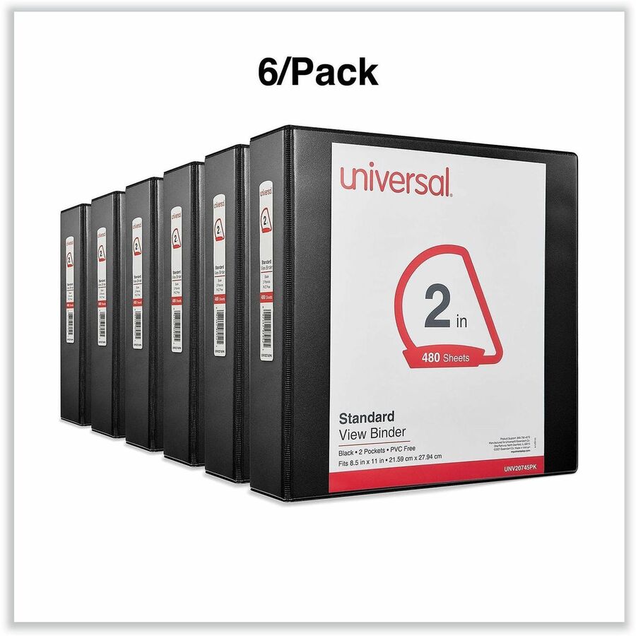 Image of Universal 20745PK Slant D-Ring View Binder, 3 Rings, 2" Capacity, 11 x 8.5, Black, 6/Carton
