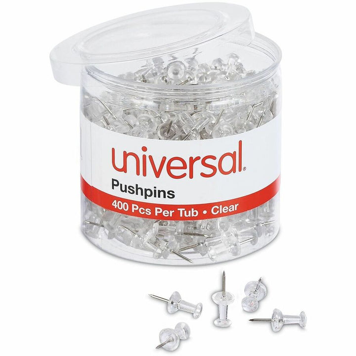 Image of Universal 31306 Clear Push Pins, Plastic, Clear, 0.38" , 400/Pack, 0.38" Shank, 0.25" Head, Clear, Plastic, Steel, 400 / Pack