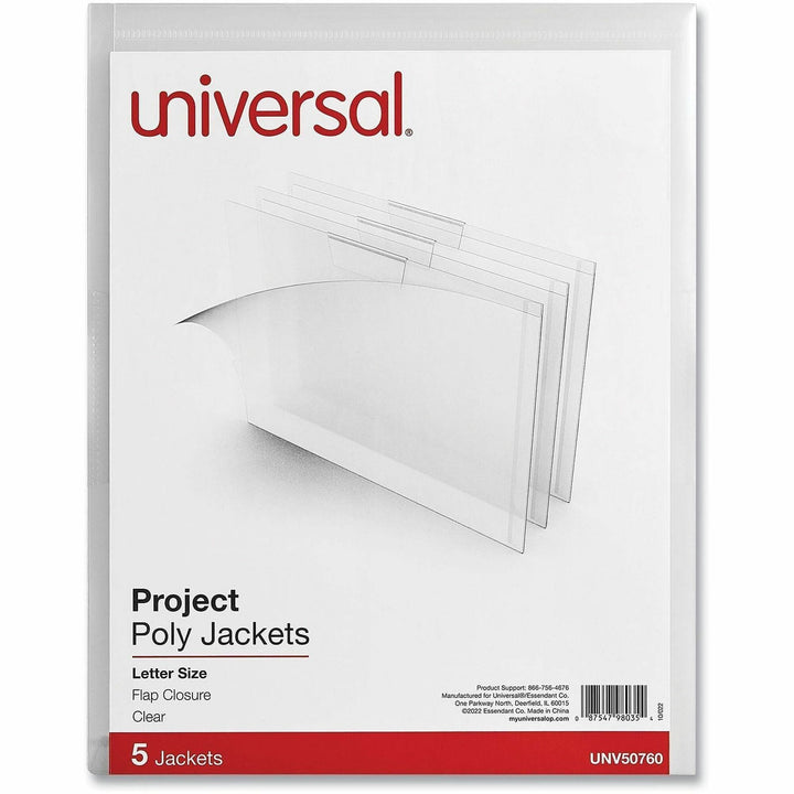 Image of Universal 50760 Project Poly Jackets, Letter Size, Clear, 5/Pack, 8 1/2" x 11", Plastic, Polypropylene, Clear, Unpunched, 5 / Pack