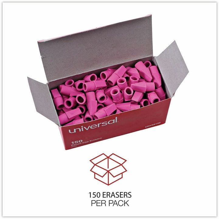 Image of Universal 55150 Pencil Top Eraser, Pink, Wedge, Elastomer, 150 / Pack, Soft, Latex-free, Non-tearing, Non-smudge, Ghost Resistant
