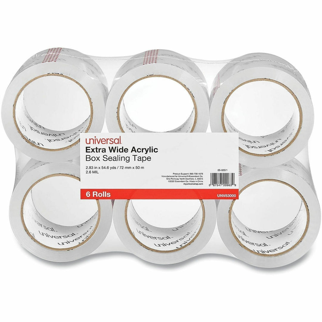 Image of Universal 83000 Packaging Tape, 54.70 yd Length x 2.83" W x 2.6 mil Thickness, 3" Core, Clear, Acrylic, 6 / Pack