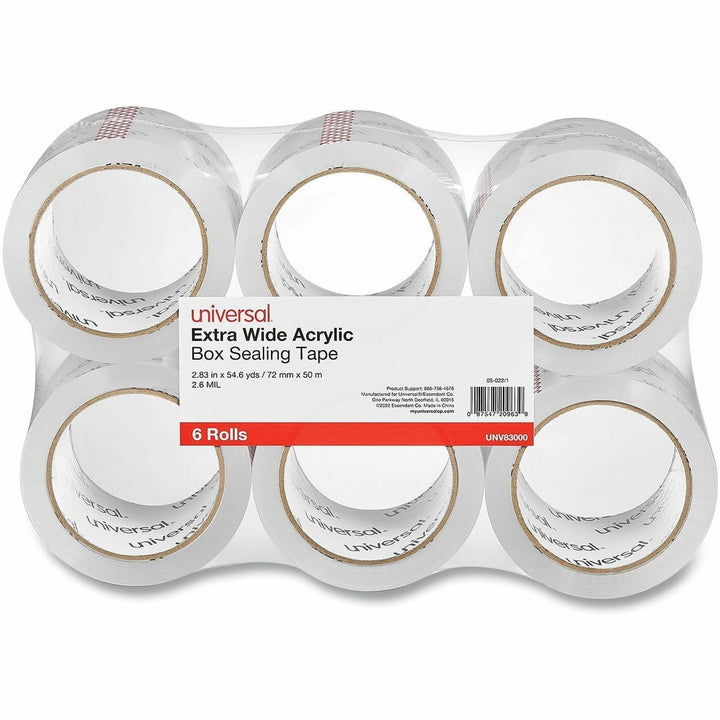 Image of Universal 83000 Packaging Tape, 54.70 yd Length x 2.83" W x 2.6 mil Thickness, 3" Core, Clear, Acrylic, 6 / Pack