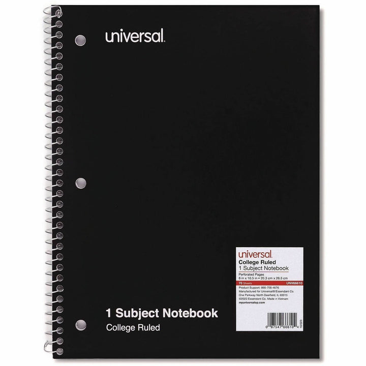 Image of Universal® Wirebound Notebook, 1-Subject, Medium/College Rule, Black Cover, (70) 10.5 x 8 Sheets