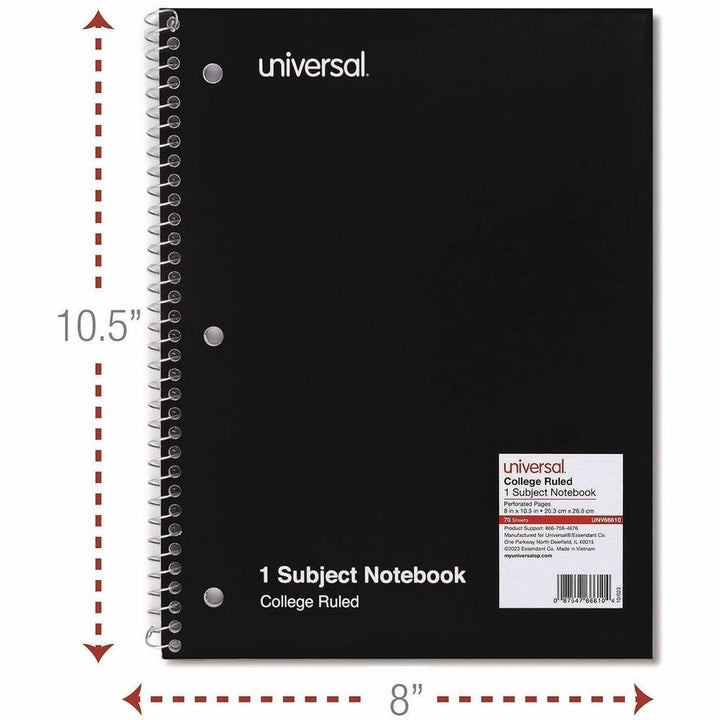 Image of Universal® Wirebound Notebook, 1-Subject, Medium/College Rule, Black Cover, (70) 10.5 x 8 Sheets