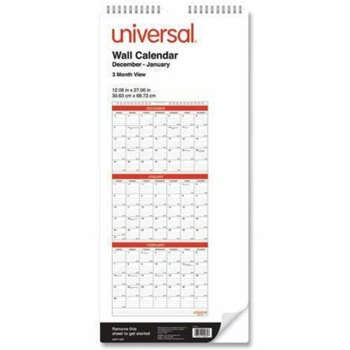 Image of Universal® Three-Month Wall Calendar, 12 x 27, White/Red Sheets, 14-Month: Dec 2025 to Jan 2027