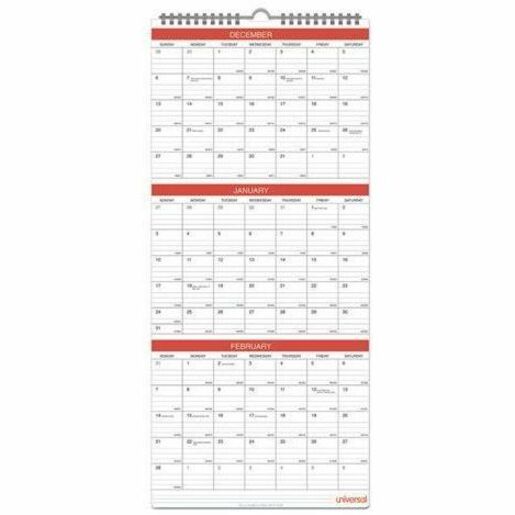 Image of Universal® Three-Month Wall Calendar, 12 x 27, White/Red Sheets, 14-Month: Dec 2025 to Jan 2027