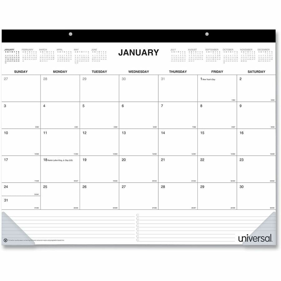 Image of Universal® Desk Pad Calendar, 22 x 17, White Sheets, Black Binding, Clear Corners, 12-Month (Jan to Dec): 2026