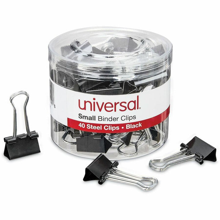 Image of Universal 11140 Binder Clips with Storage Tub, Small, Black/Silver, 40/Pack