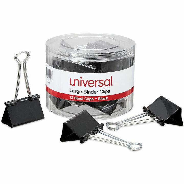 Image of Universal 11112 Binder Clips with Storage Tub, Large, Black/Silver, 12/Pack