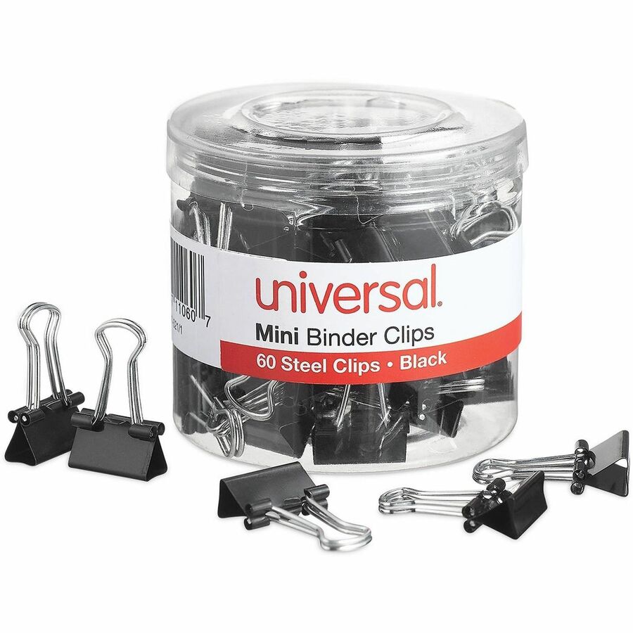 Image of Universal 11060 Binder Clips with Storage Tub, Mini, Black/Silver, 60/Pack