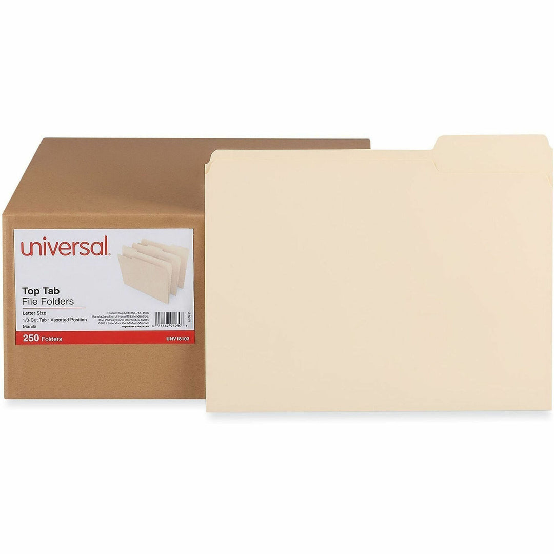 Image of Universal 18103 Top Tab File Folder, 8 1/2" x 11", 3/4" Expansion, Assorted Tab Position, 11 pt., Paper Stock, Brown, 30% Recycled, 250 / Carton