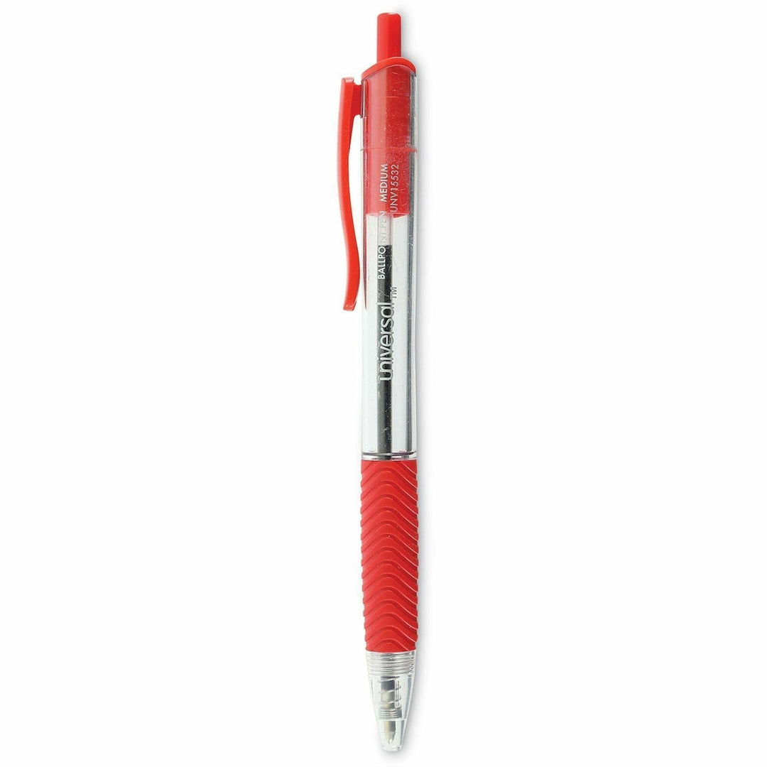 Image of Universal® Comfort Grip Ballpoint Pen, Retractable, Medium 1 mm, Red Ink, Clear/Red Barrel, Dozen