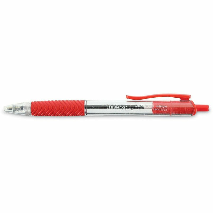 Image of Universal 15532 Comfort Grip Ballpoint Pen, 1 mm Medium Conical Pen Point, Retractable, Red Ink, Clear, Red Barrel, 12 / Dozen